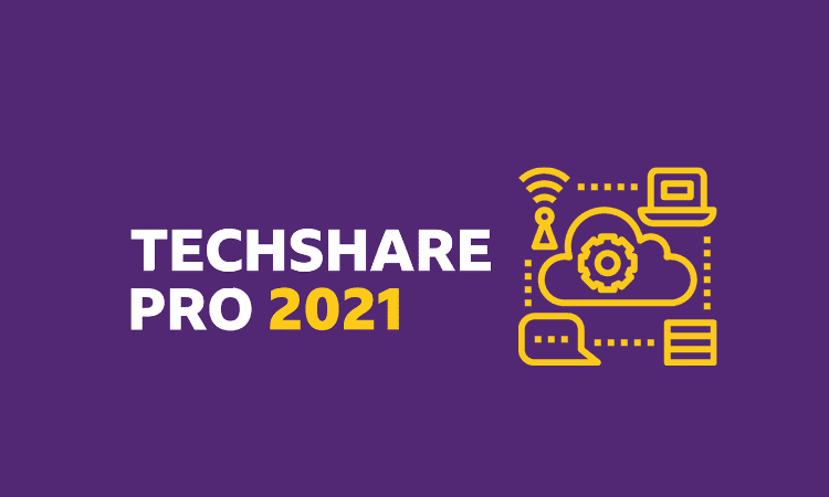 Banner del evento TechShare Pro 2021 con íconos digitales y de conectividad: "Las 5 razones para incorporar el Diseño Inclusivo".