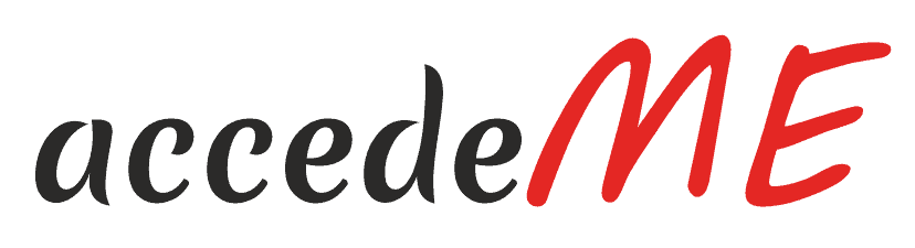 Logotipo con texto estilizado 'accedeme' en fuente negra y roja