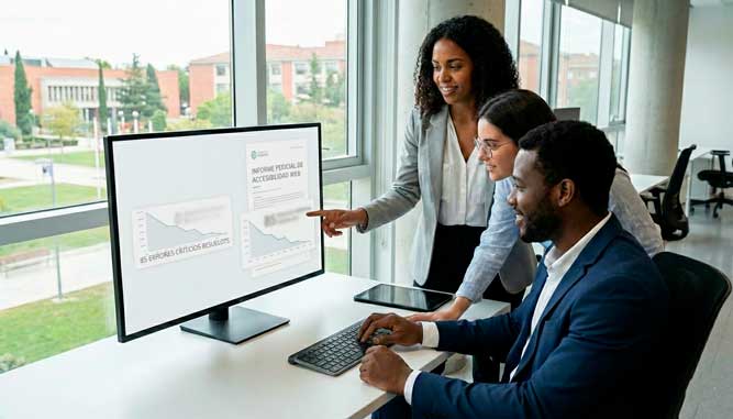 Equipo técnico analizando líneas de código y gráficas de resolución de errores de accesibilidad web en un monitor de oficina frente a un campus universitario.